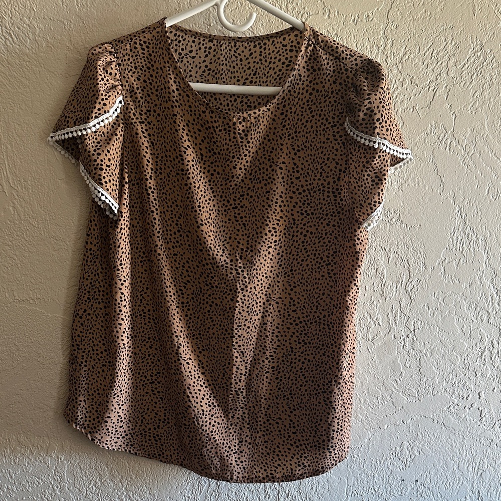 SHEIN Brown Dotted Blouse with White Trim